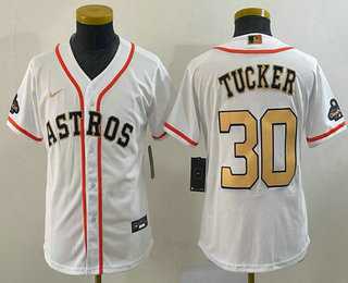 Youth Houston Astros #30 Kyle Tucker 2023 White Gold World Serise Champions Patch Cool Base Stitched Jersey->mlb youth jerseys->MLB Jersey